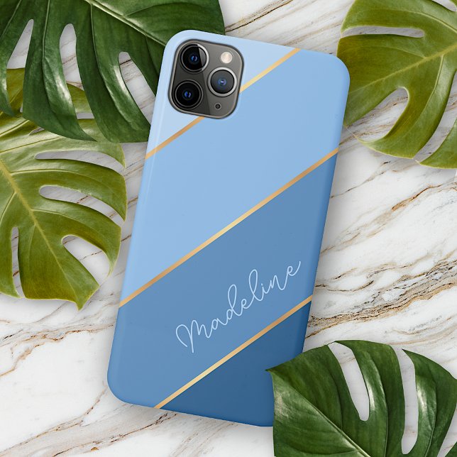 Personalised Custom Light Dark Blue Gold Stripes Case-Mate iPhone Case (Creator Uploaded)
