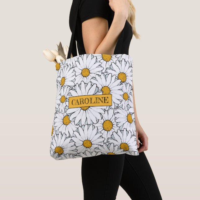 Personalised Custom Modern Daisy Floral Pattern Tote Bag (Close Up)
