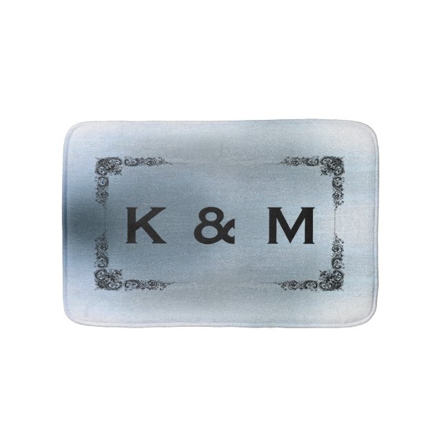 Personalised Custom Monogrammed Blue Grey Swirl Bath Mat (Front)