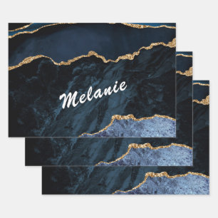 Personalised Custom Name Navy Blue Gold Marble Wrapping Paper Sheet