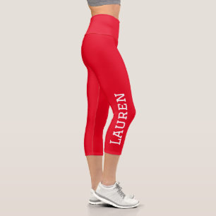 Personalised Custom Name One Side Red Solid Colour Capri Leggings
