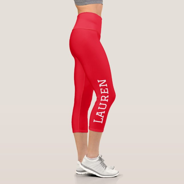 Personalised Custom Name One Side Red Solid Colour Capri Leggings (Right)