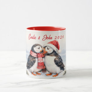 Personalised Custom Names Year Kissing Puffins Mug