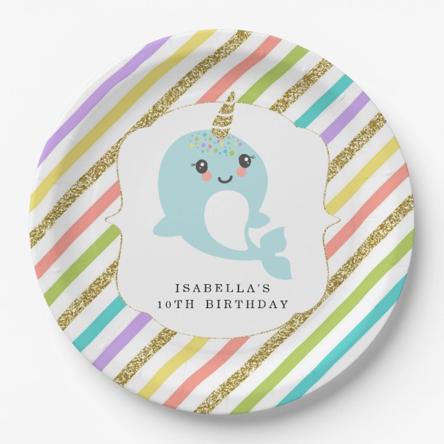 Personalised Custom Narwhal Rainbow Glitter Paper Plate (Front)