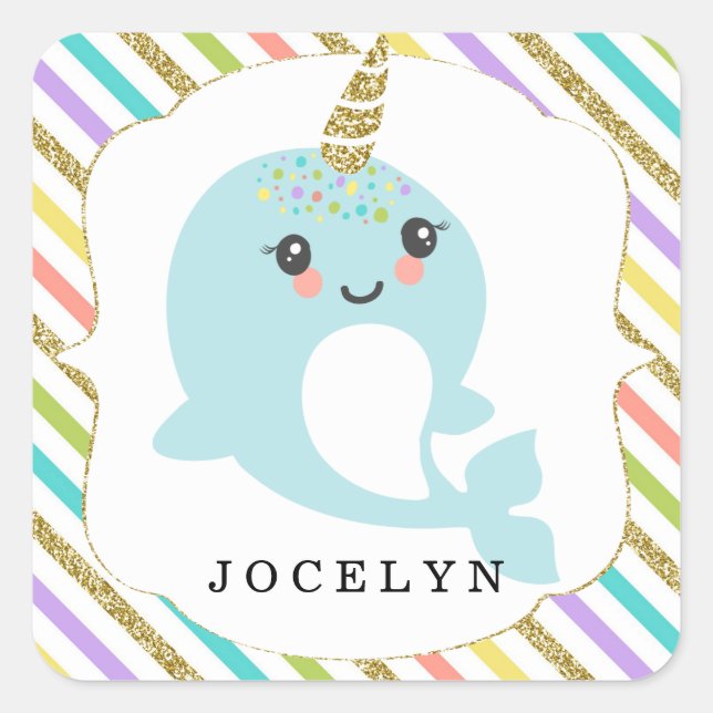 Personalised Custom Narwhal Rainbow Glitter Square Sticker (Front)