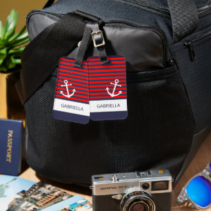 Personalised Custom Nautical Red White Blue Stripe Luggage Tag