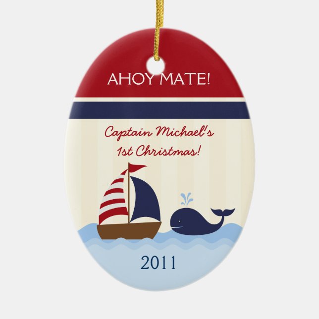 Personalised Custom Ornament Ahoy Mate Boy Nautica (Front)