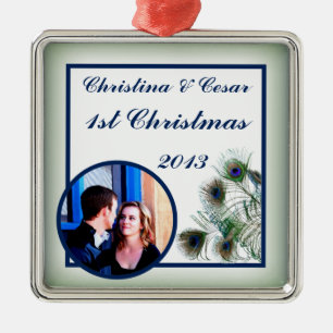 Personalised Custom Ornament Peacock Feathers Blue