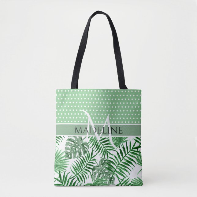 Personalised Custom Palm Leaves White Dots Pattern Tote Bag (Front)