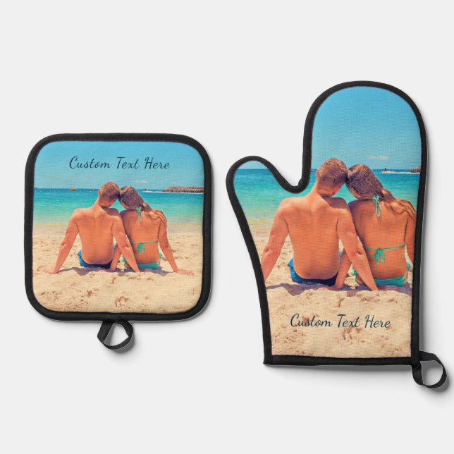 Personalised Custom Photo and Text Oven Mitt & Pot Holder Set (Front)