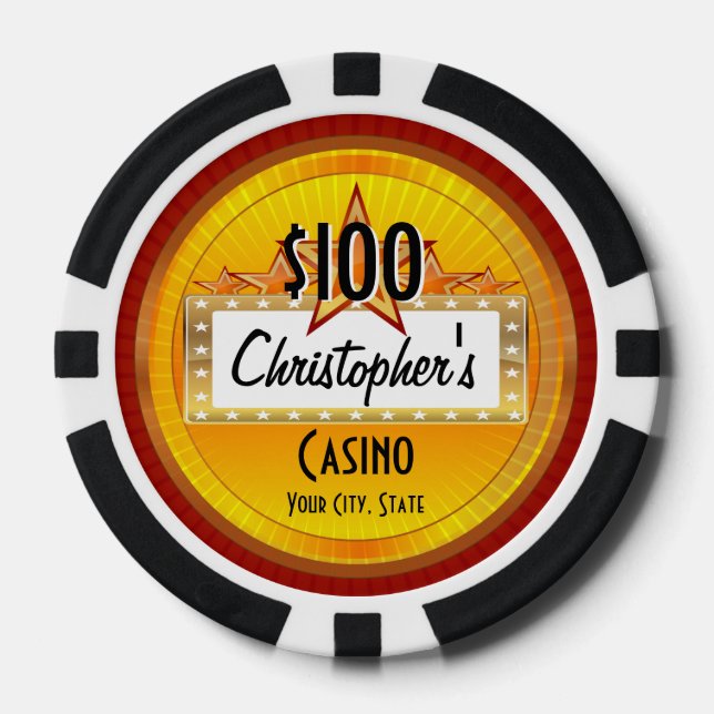 Personalised Custom Poker Chips, Gold/Red Casino Poker Chips (Front)