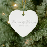 Personalised Custom Script Couple Name Wedding Ceramic Ornament<br><div class="desc">Personalised Custom Couple Name and Date Wedding Heart Ceramic Ornament.
Elegant,  classic,  minimalist design.
Faux silver grey text and white background.</div>