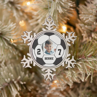 Personalised custom soccer ball player sports team snowflake pewter christmas ornament
