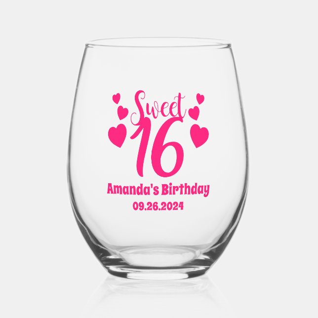 Personalised Custom Sweet 16 Birthday Party Favour Stemless Wine Glass (Front)