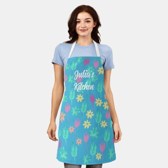 Personalised Custom Tulip Apron Blue Pink Yellow (Worn)