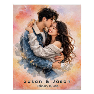 Personalised Custom Watercolor Couple Photo Gift Poster