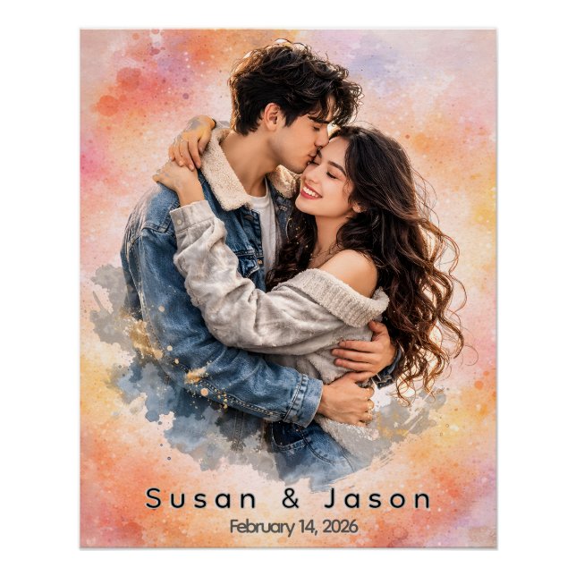 Personalised Custom Watercolor Couple Photo Gift Poster (Front)