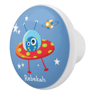 Personalised Cute Alien Spaceship Ceramic Knob