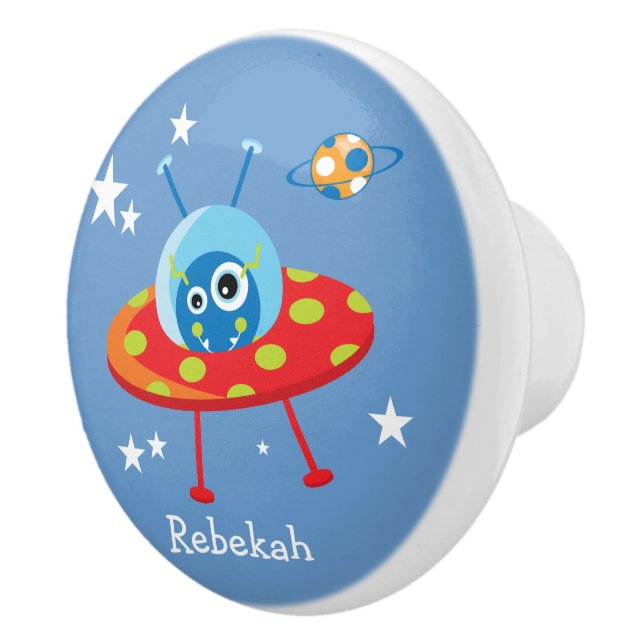 Personalised Cute Alien Spaceship Ceramic Knob (Right)