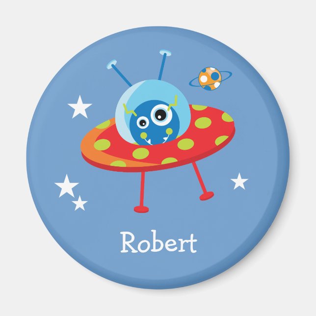 Personalised Cute Alien Spaceship Magnet (Front)