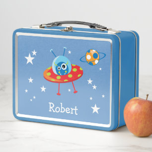 Personalised Cute Alien Spaceship Metal Lunch Box