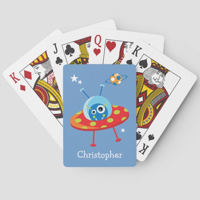 Personalised Cute Alien Spaceship Playing Cards (Back)