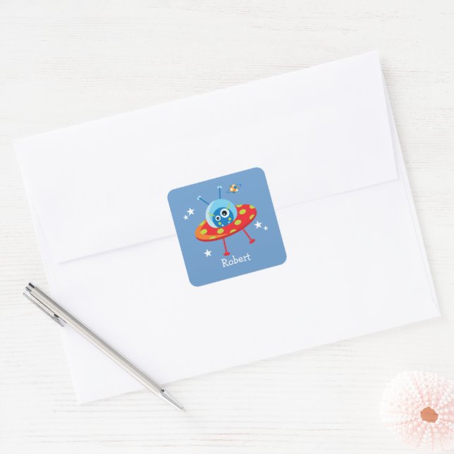 Personalised Cute Alien Spaceship Square Sticker (Envelope)