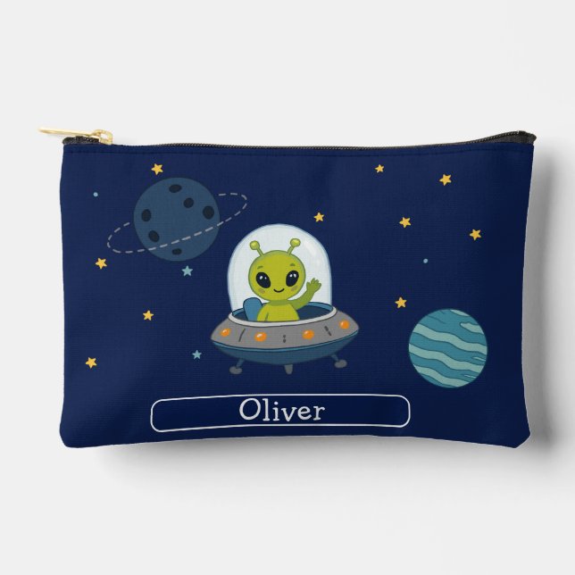 Personalised Cute Alien UFO Space Kids Accessory Pouch (Front)