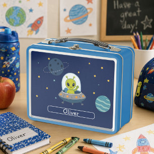 Personalised Cute Alien UFO Space Kids Metal Lunch Box
