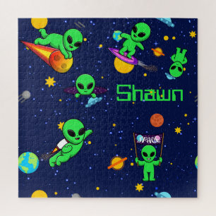 Personalised Cute Aliens in Space Jigsaw Puzzle