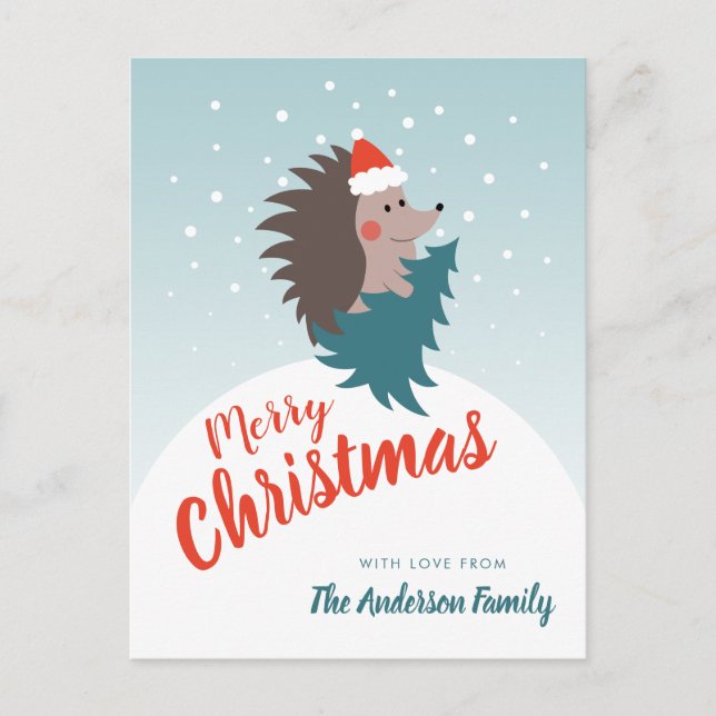 Personalised Cute and Modern Hedgehog Christmas Postcard (Front)