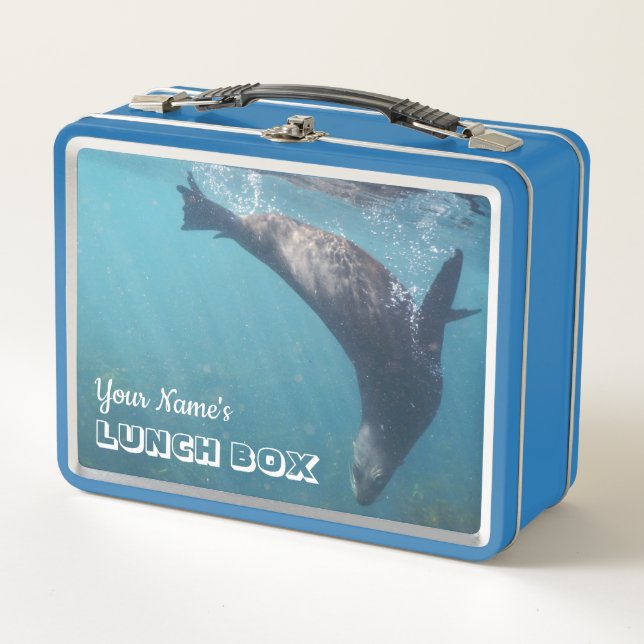 Personalised cute and playful Australian Fur Seal Metal Lunch Box (Front)