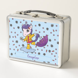 Personalised Cute and Simple Blue Floral Unicorn Metal Lunch Box