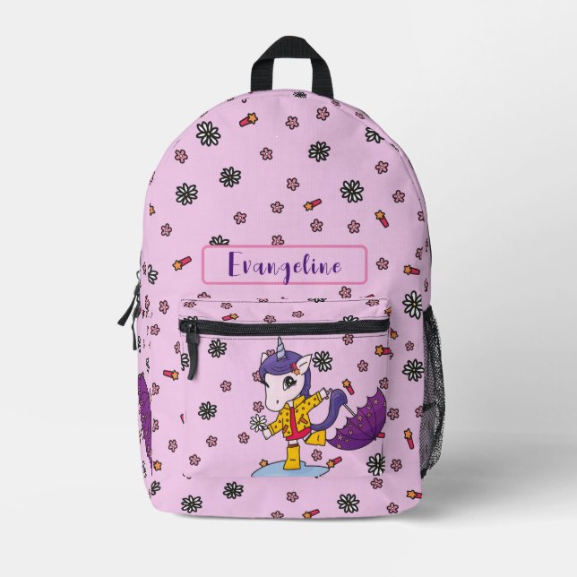 Personalised Cute and Simple Pink Floral Unicorn Printed Backpack (Front)