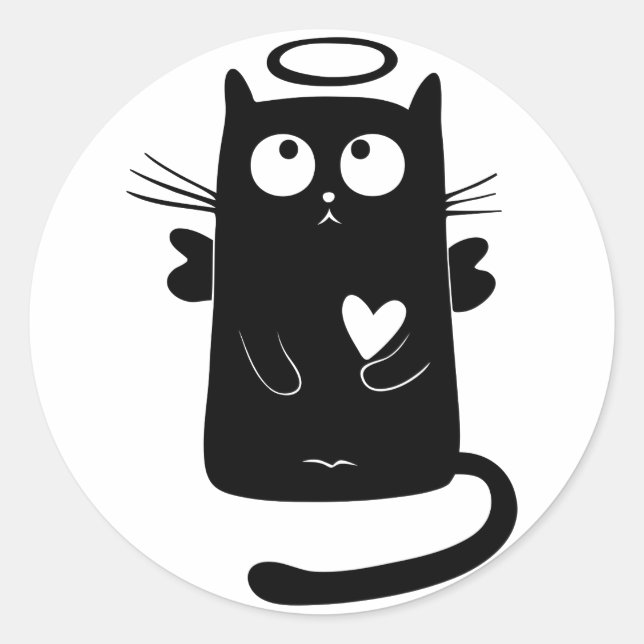 Personalised Cute Angel Black Cat Classic Round Sticker (Front)