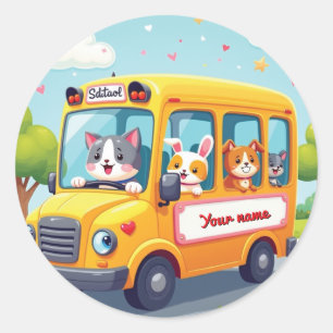 Personalised Cute Animal School Bus Design Classic Round Sticker