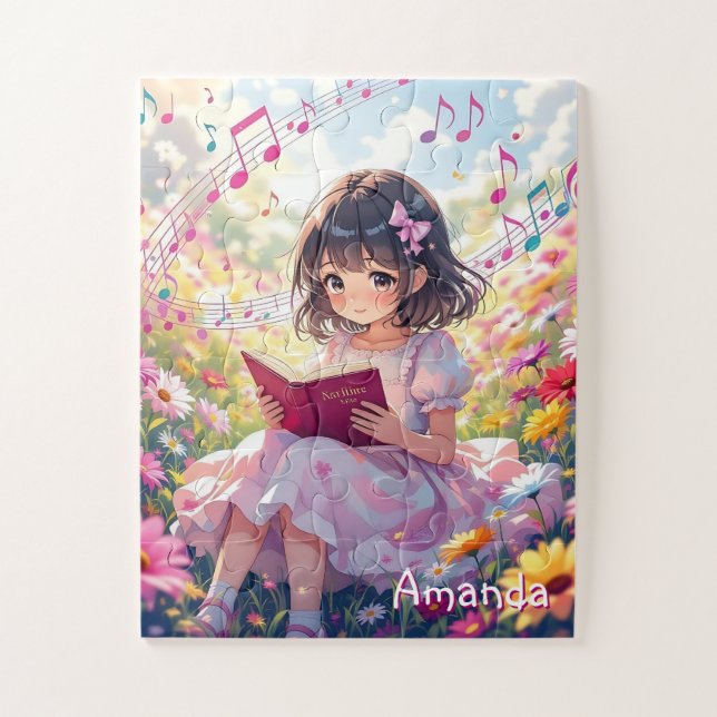 Personalised Cute Anime Girl Reading a Book Jigsaw Puzzle (Vertical)