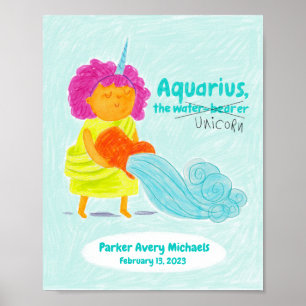 Personalised Cute Aquarius Unicorn Zodiac Poster