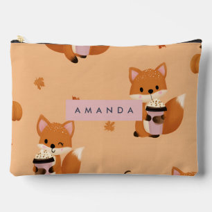 Personalised Cute Autumn Fox with Coffee Pattern  Accessory Pouch