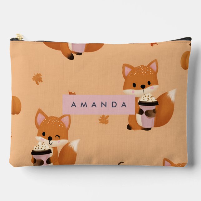 Personalised Cute Autumn Fox with Coffee Pattern  Accessory Pouch (Front)