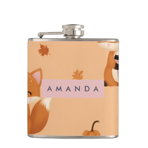 Personalised Cute Autumn Fox with Coffee Pattern Hip Flask