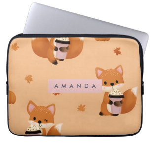 Personalised Cute Autumn Fox with Coffee Pattern  Laptop Sleeve