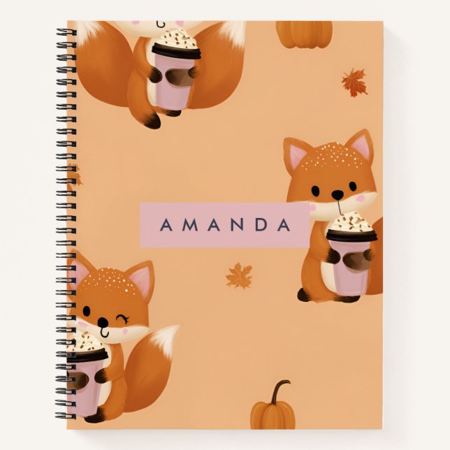 Personalised Cute Autumn Fox with Coffee Pattern  Notebook (Front)