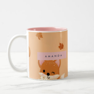 Personalised Cute Autumn Fox with Coffee Pattern Two-Tone Coffee Mug