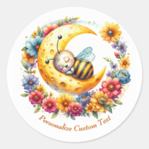 Personalised Cute Baby Bumble Bee Sleeping on Moon Classic Round Sticker
