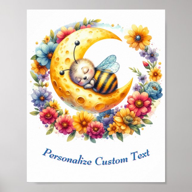 Personalised Cute Baby Bumble Bee Sleeping on Moon Poster (Front)
