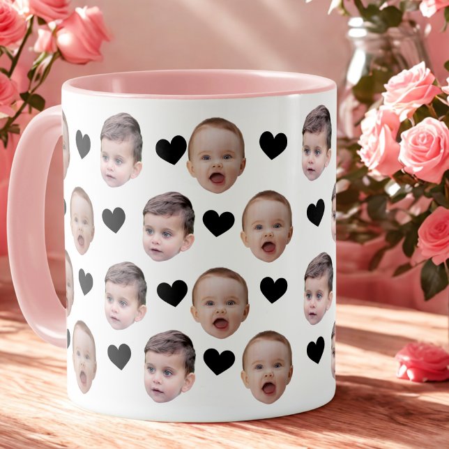 Personalised Cute Baby Face 2 Photos Black Heart Mug (Creator Uploaded)