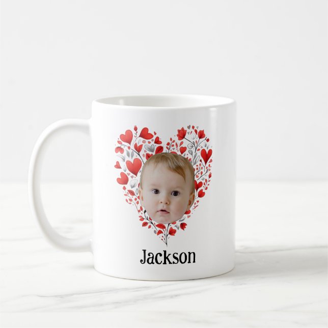 Personalised Cute Baby Face With Heart Pattern Coffee Mug (Left)