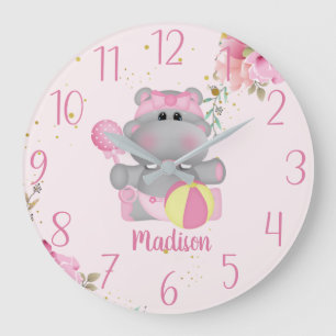 Personalised Cute Baby Hippo Floral Large Clock