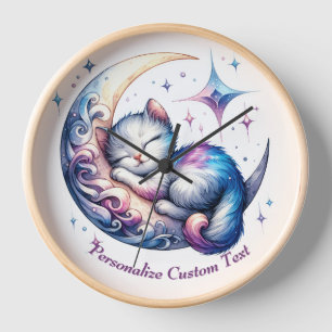 Personalised Cute Baby Kitten Cat Sleeping on Moon Clock